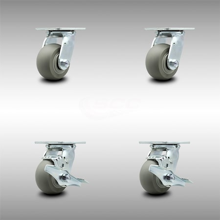 Service Caster 4 Inch SS Thermoplastic Rubber Swivel Caster Set with Roller Bearing 2 Brake SCC SCC-SS30S420-TPRRD-2-TLB-2